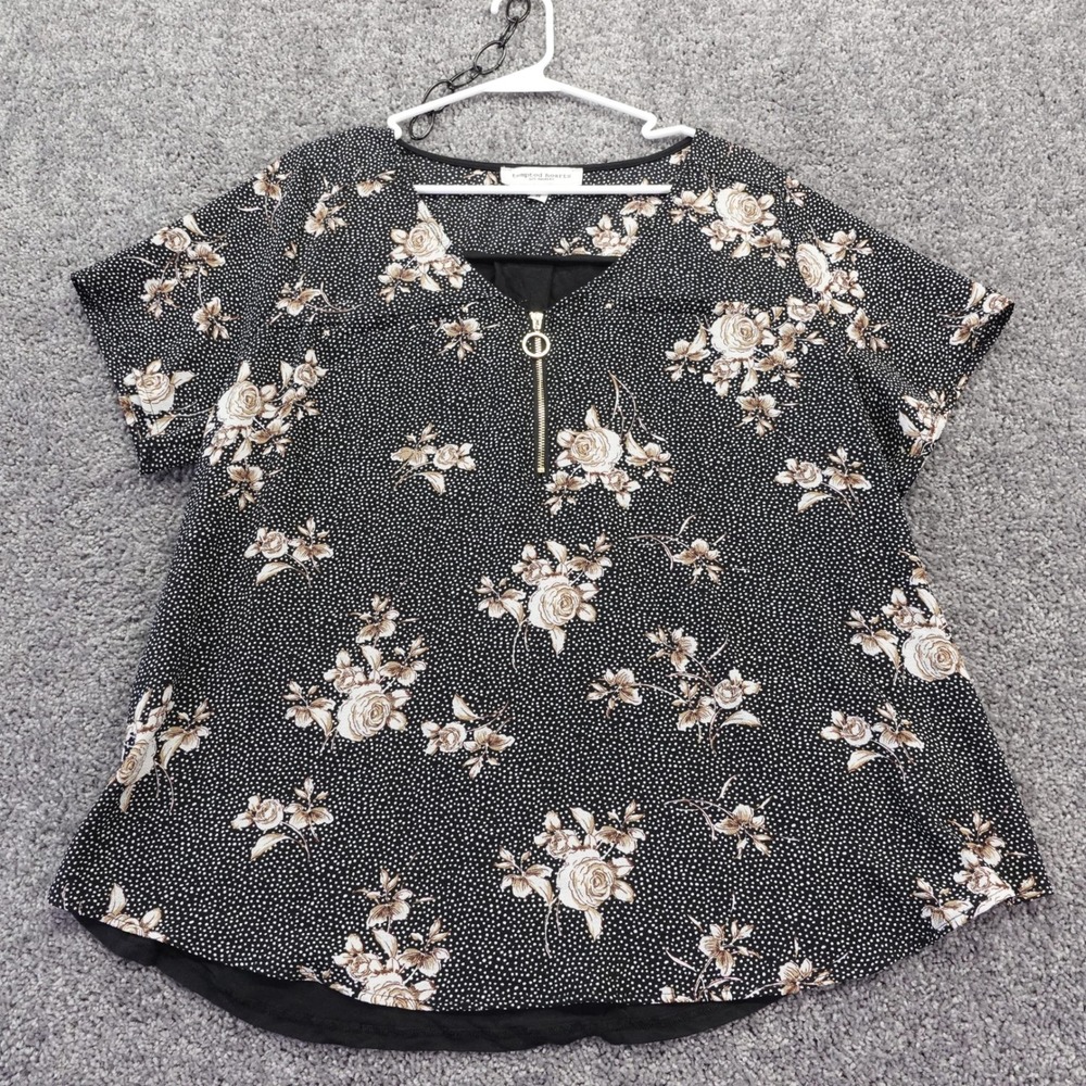Tempted Hearts Blouse Womens 3X Black Floral Polka Dot Zip V Neck Short Sleeve